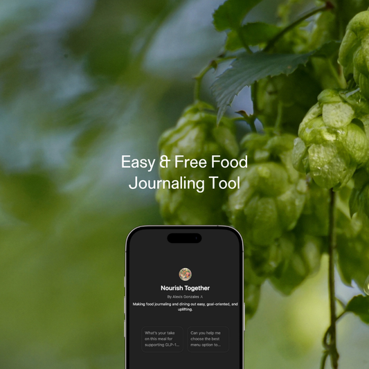 Smartphone showing Nourish Together AI food journaling tool, with green hops in the background representing natural GLP-1 support