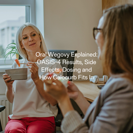 Two women discussing oral Wegovy and natural GLP-1 support with Calocurb over a light meal