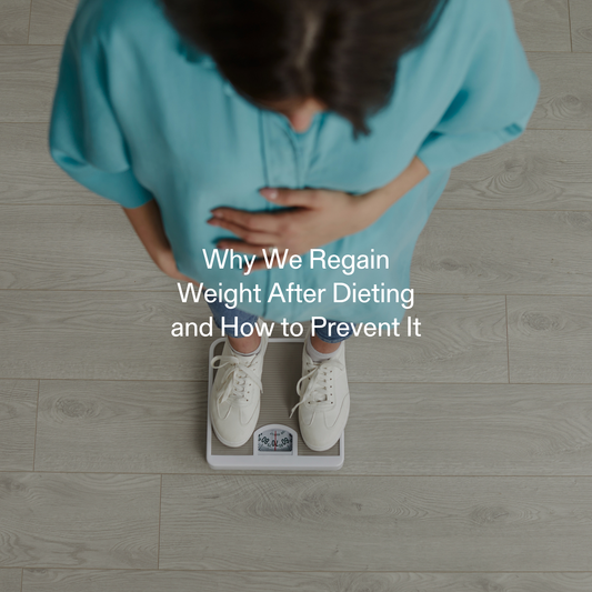 Overhead view of woman standing on a bathroom scale looking down at her stomach, illustrating weight regain after dieting and the biological struggle to maintain weight loss with GLP-1 support context